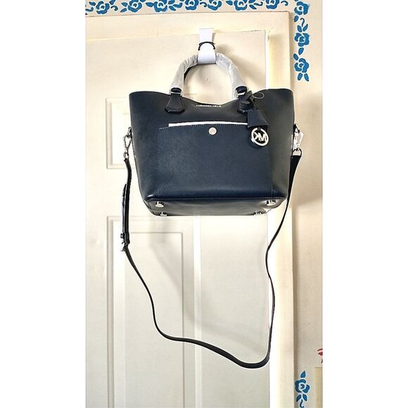 New! MICHAEL KORS Leather Greenwich Large Grab Bag Handbag Crossbody Navy Blue - Picture 12 of 16